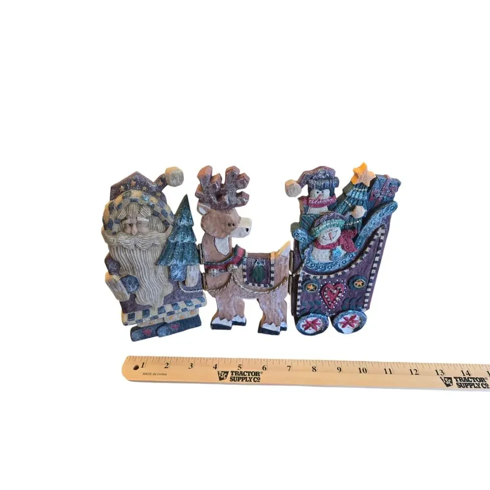 Vintage Christmas Folding Santa Reindeer Sleigh Resin Shelf Sitter Display